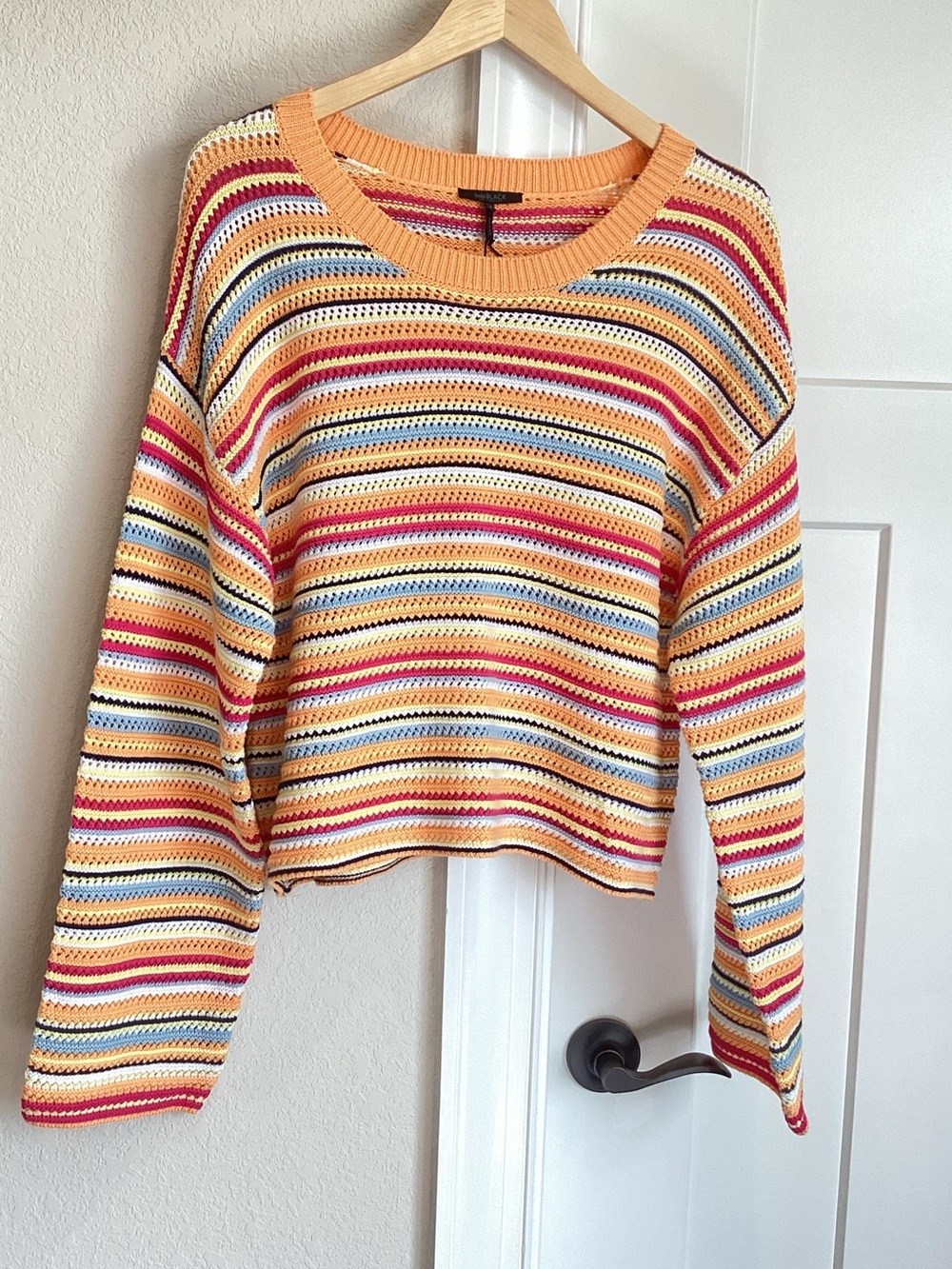 Bobi Black Long Sleeve Sweater Open Knit New Medium Orange Stripe